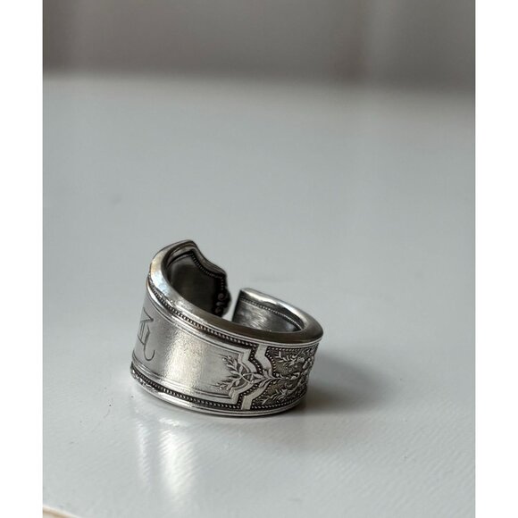Handmade Monogram “N” Spoon Ring: Antique Silver Plated, Size 7 - Picture 3 of 7